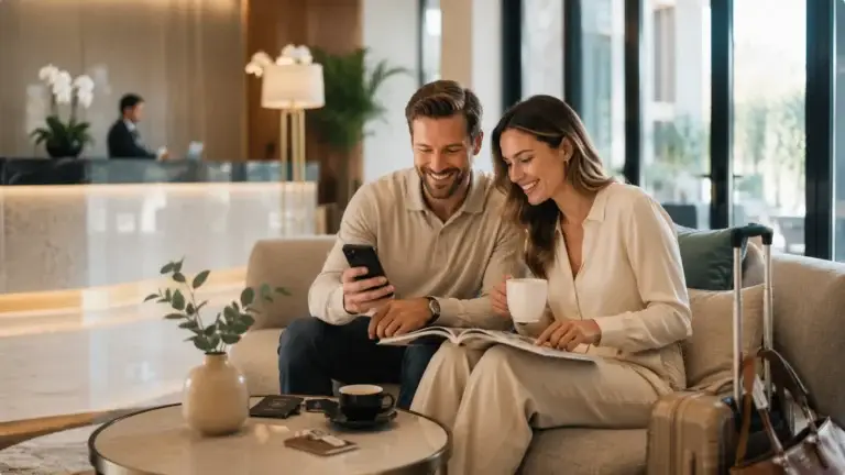 Reizend stel bekijkt hotelvoordelen en loyaliteitsprogramma’s in een moderne hotellobby