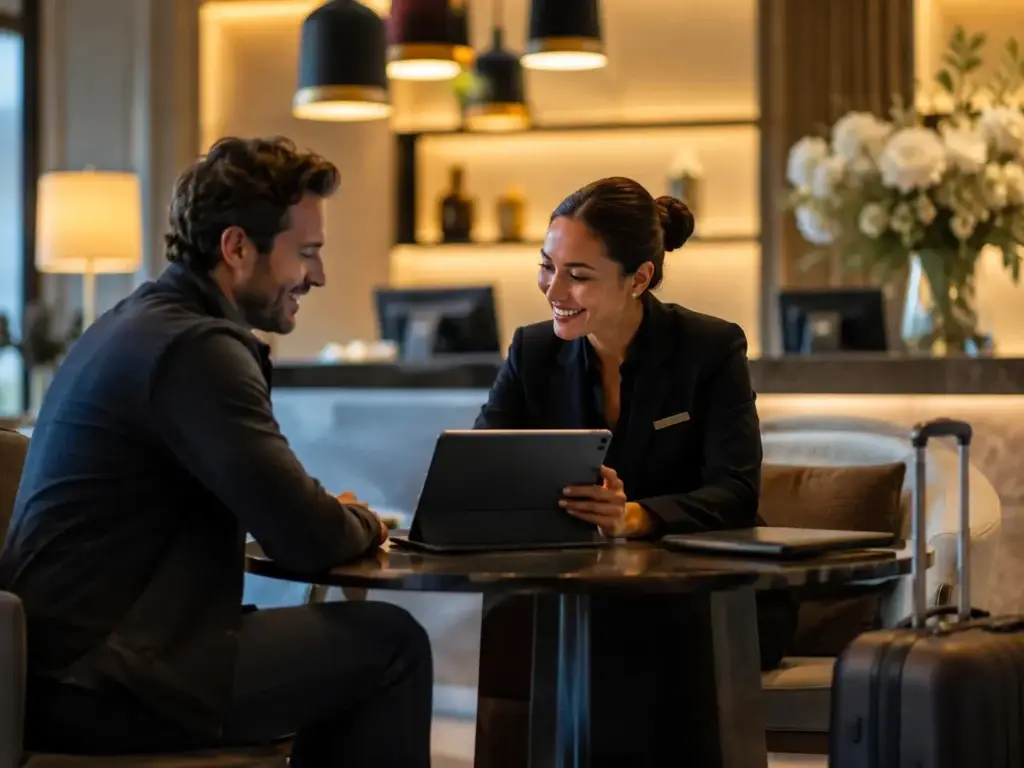 Hotelmedewerker helpt een reiziger met inschrijven voor een loyaliteitsprogramma