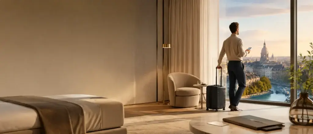 Reiziger met koffer in een luxe hotelkamer met uitzicht over een Europese stad