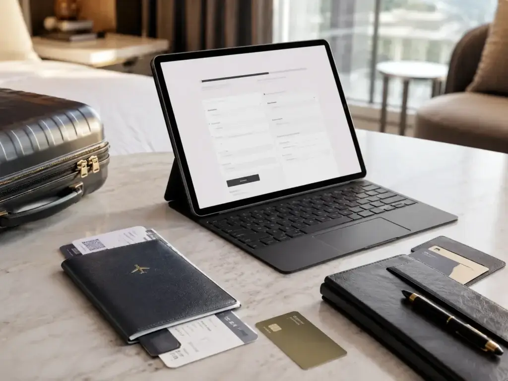Laptop met registratieformulier naast paspoort, reiskaarten en bagage in een hotelkamer