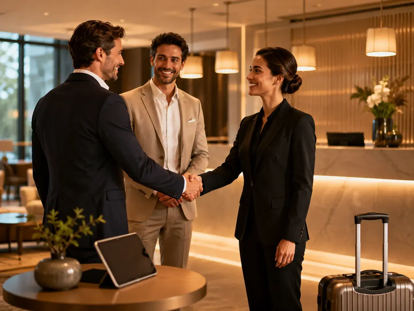 Zakelijke partners sluiten een samenwerking af met een handdruk in een luxe hotellobby
