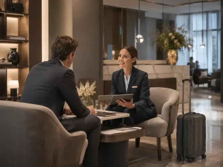 Hotelmedewerker adviseert een reiziger over verblijfsmogelijkheden en hotelrewards