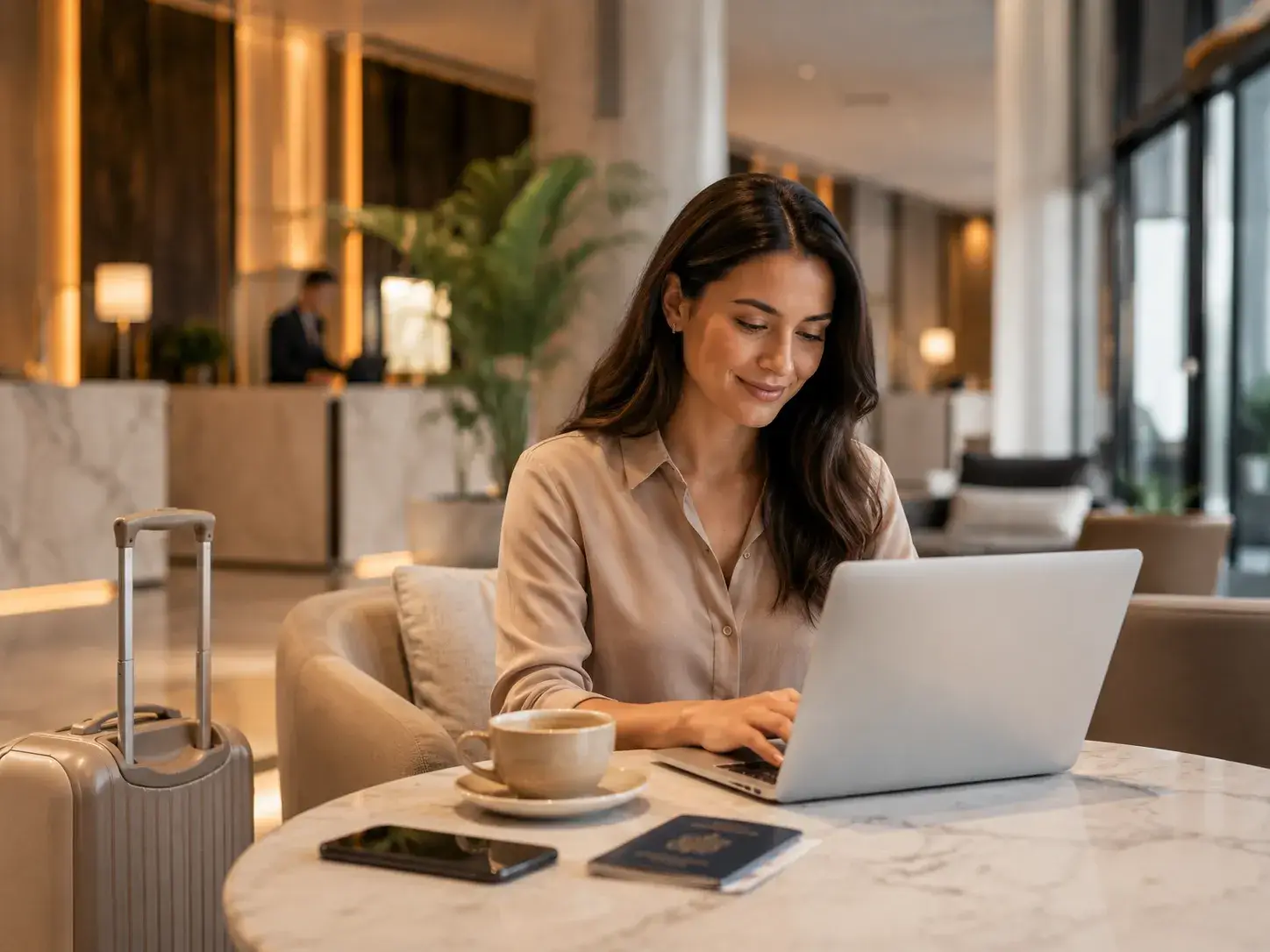Reiziger registreert zich voor hotelrewards op een laptop in een moderne hotellobby
