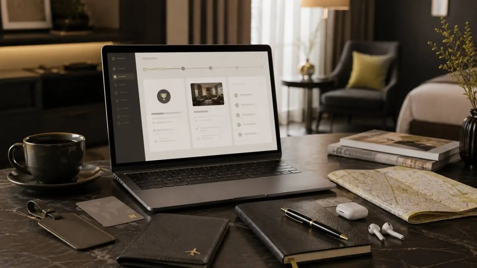 Elegante reiswerkplek met laptop, paspoorthoes, hotelkaart en reisnotitieboek voor het delen van inzichten over hotelprogramma's en reisvoordelen.