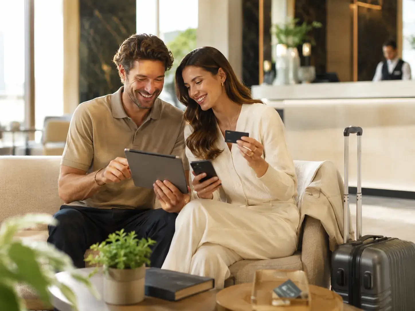 Reizend stel meldt zich aan voor loyaliteitsvoordelen met een tablet en hotelkaart