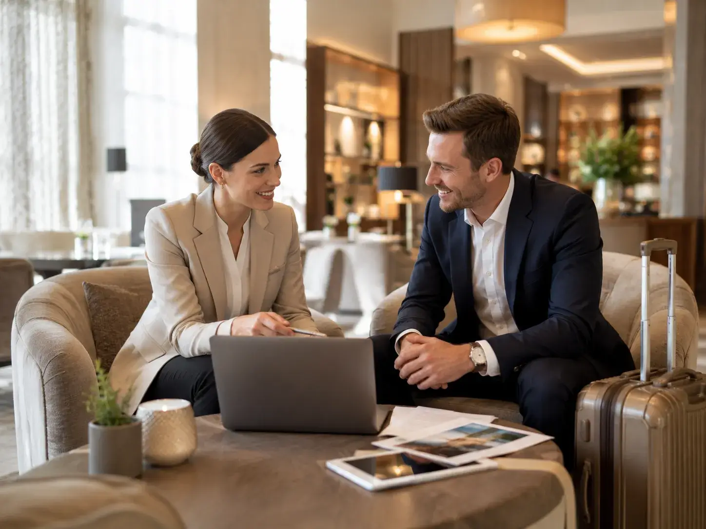 Hotelvertegenwoordiger en reispartner bespreken een samenwerking in een moderne hotellounge