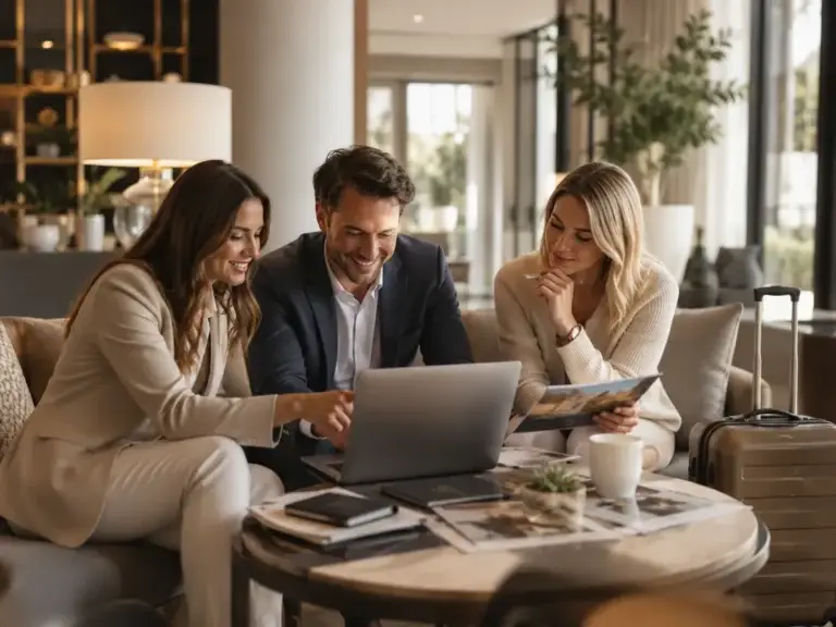 Team van reisexperts vergelijkt hotels en loyaliteitsprogramma’s in een moderne hotellounge