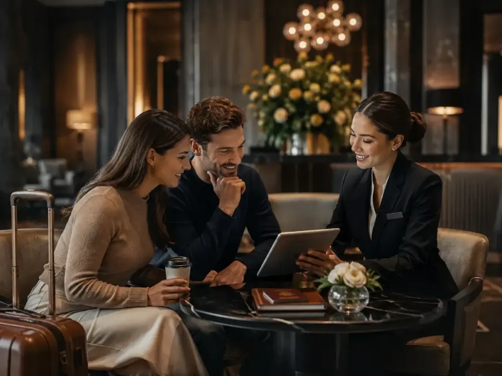 Hotelmedewerker beantwoordt vragen van reizigers over hotelboekingen en loyaliteitsvoordelen